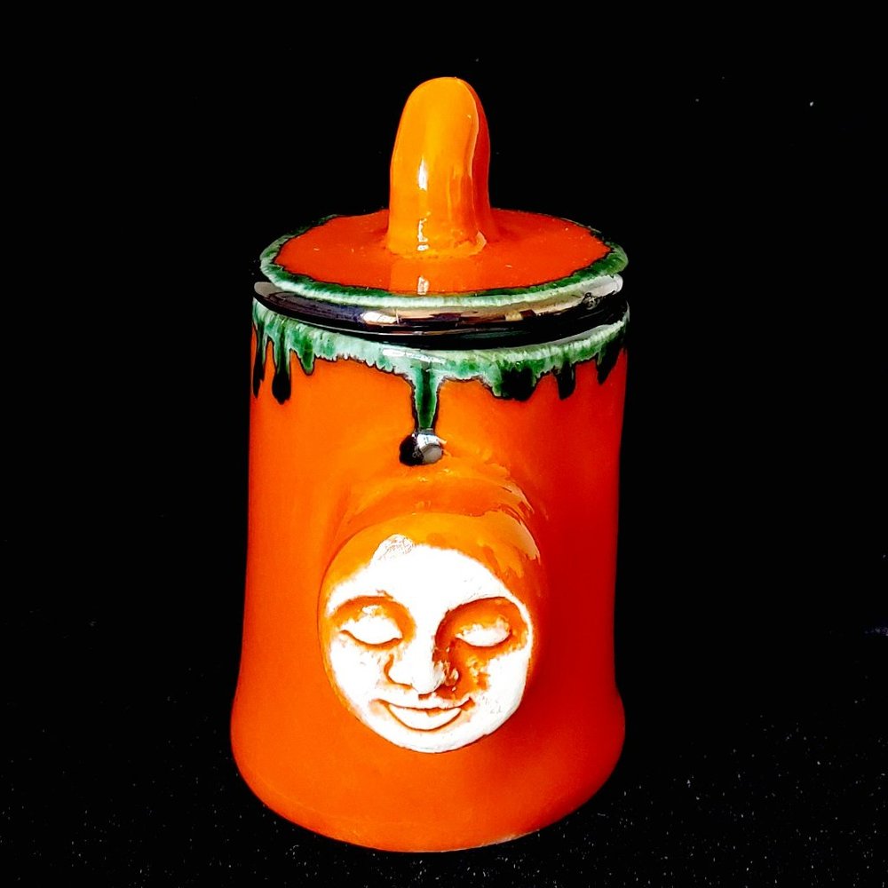 Handmade Small Ceramic Moon Face Stash Jar, Tigerlily Orange
